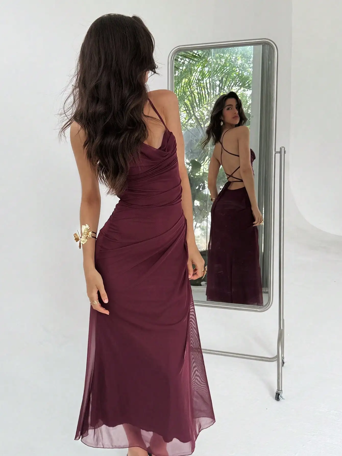 

Burgundy Asymmetrical Halter Maxi Dress with Back Tie and Sheer Hem