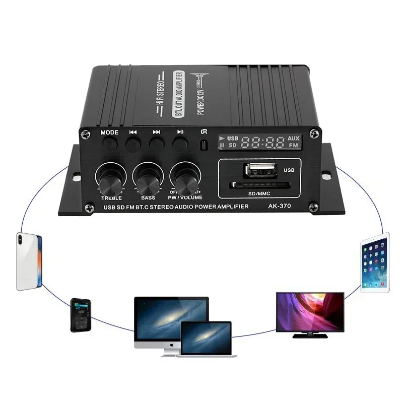 2 Channel bluetooth HiFi Power Amplifier AK380/AK370/AK170 400W*2 Home Car Audio Class D Remote Control FM Radio AUX USB/SD
