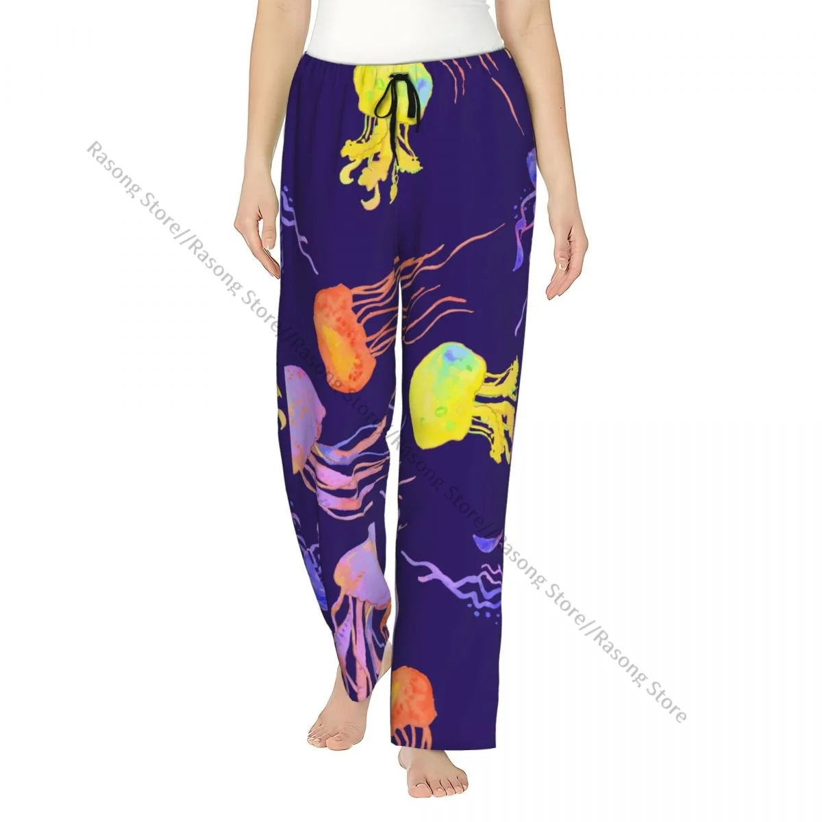 

Warm Women Pajama Pants Colorful Jellyfish Watercolor Sea Pattern Flannel Sleep Bottoms Soft Fleece Loungewear