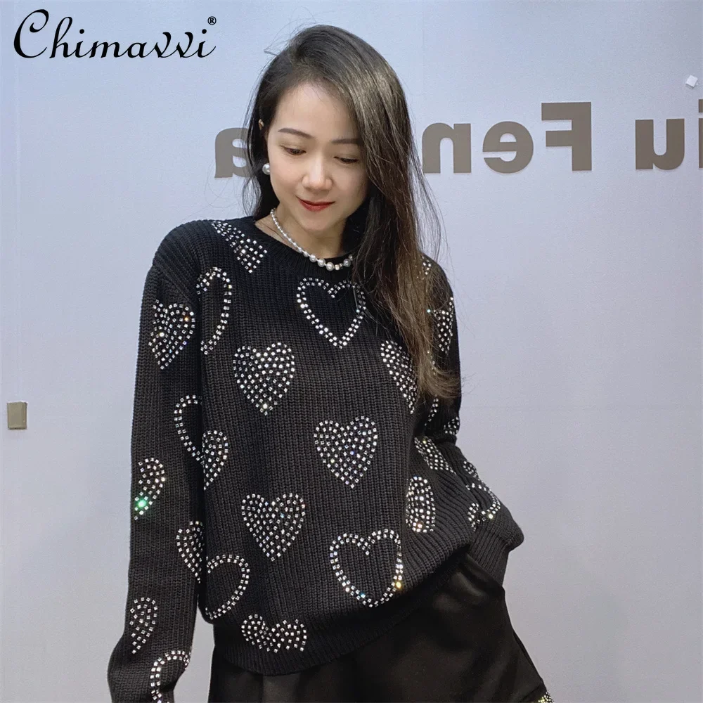 

Crew Neck Love Hot Diamond Knitted Sweater Women Autumn and Winter 2024 New Fashion Long-sleeved Short Top Pullover Sweaters