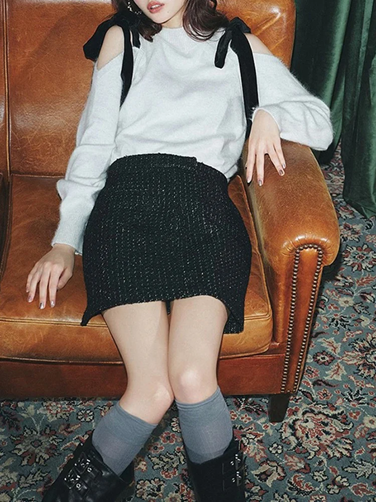 

Sweet Sle Knitted Sweater oulder Bared Small High Collar Knot Pure Color Autumn Winter New Arrival Women's Top