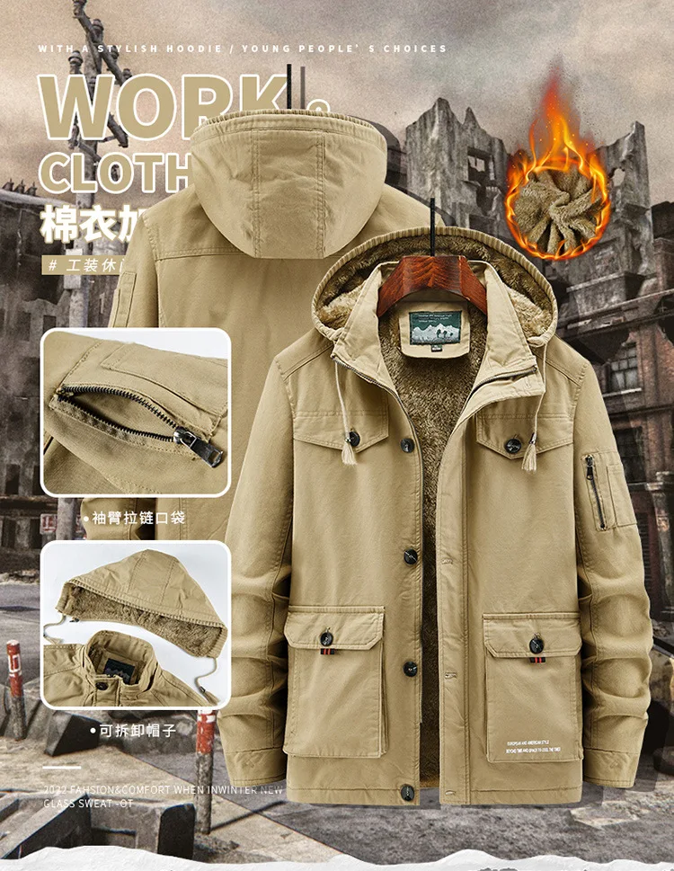 Winter Cotton-padded Men's Tooling Jacket Medium And Long Men's Large-size Coat Warm And Thicker