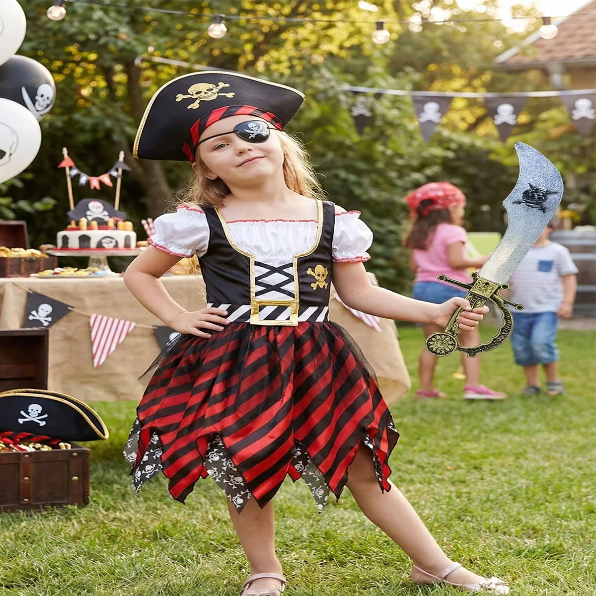 Girls Pirate Costume Dress Set with Hat Eye Patch Gold Coins Sword, Kids Halloween Carnival Party Fancy Outfit view 5