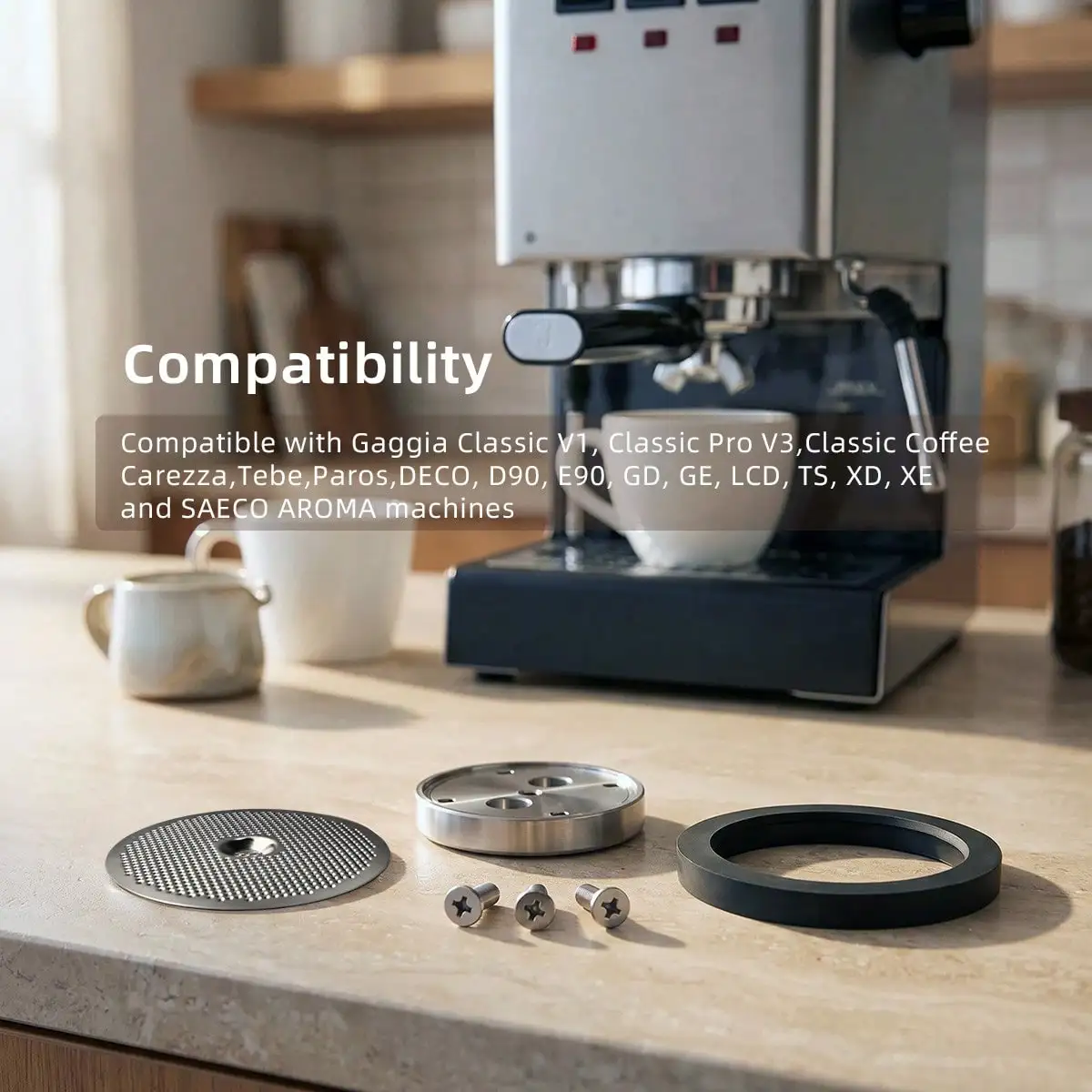 Tune Up Kit Precision Shower Screen GA200NT Silicone Gasket Stainless Steel Holder Compatible with Gaggia Coffee Makers