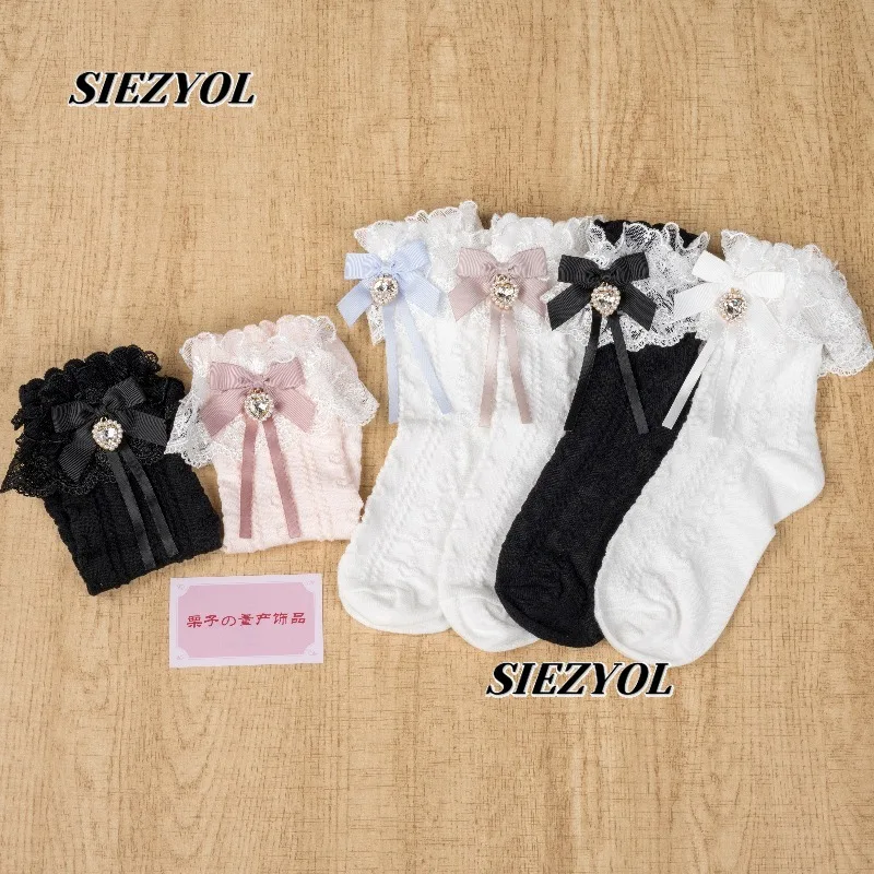 Summer New Japanese Double-layer Rose Lace Streamer Bow Short Cotton Socks Sweet Cute Girls Fashion Rhinestone Love Socks