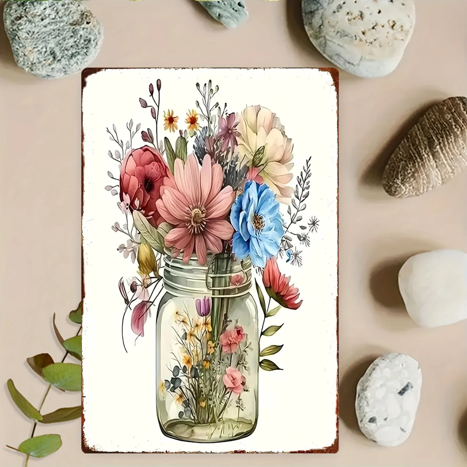 2D Flat - 2D Plane, 2D Retro Iron Plaque | Hand-Painted Glass Vase, Exquisite Iron Home Decoration | 20*30 Cm / 8*12 Inches | Su