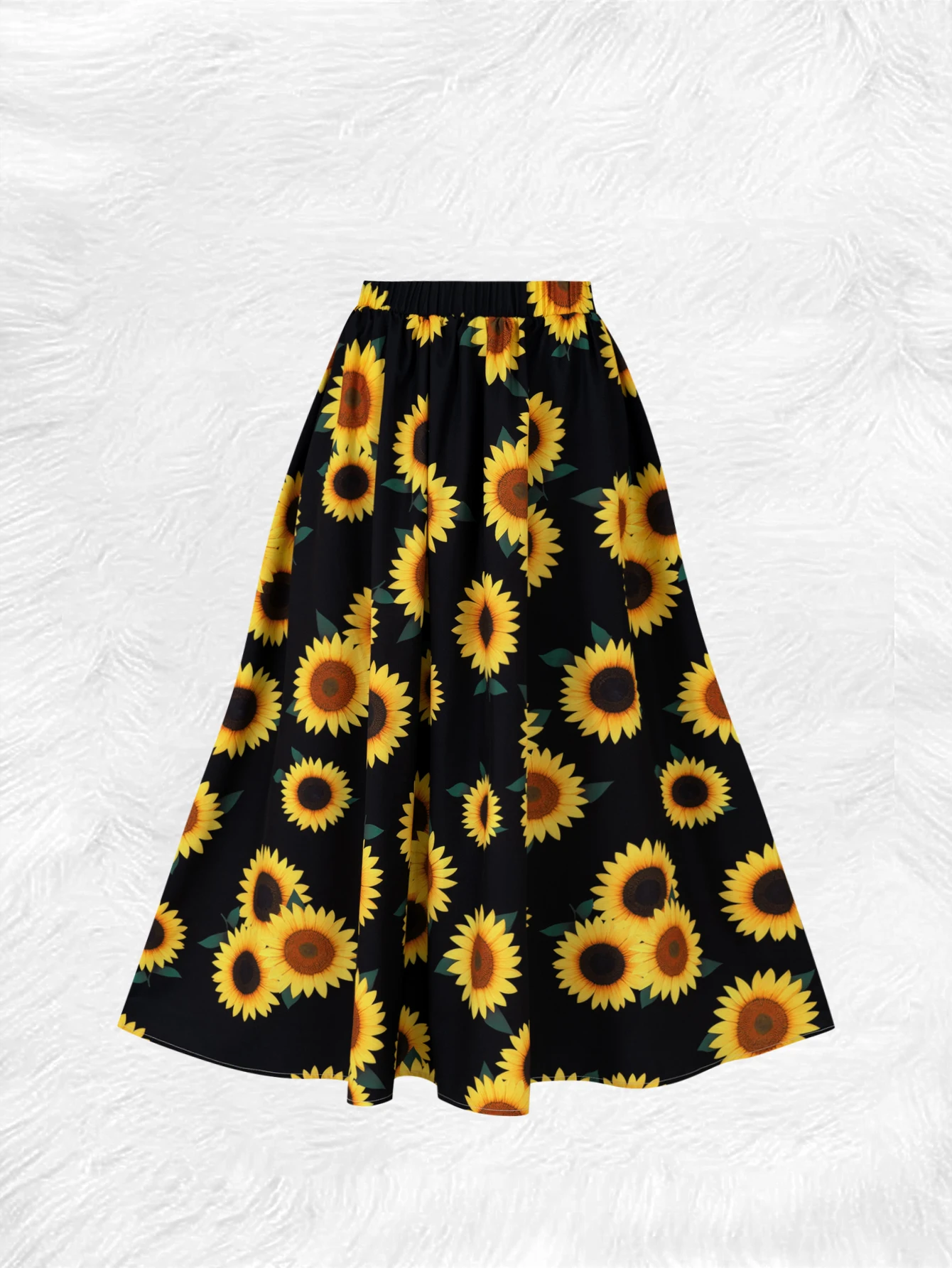 Printed Design Four Seasons Casual Style Sunflower Black Background Pattern Printed Half Skirt