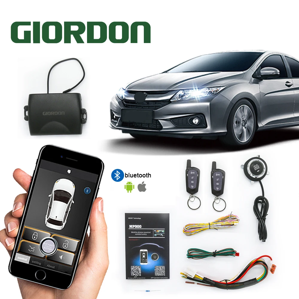 GIORDON Universal PKE Car Alarm System with Engine Start / Stop Push Button Car One Start Stop with Remote Control Anti-theft De