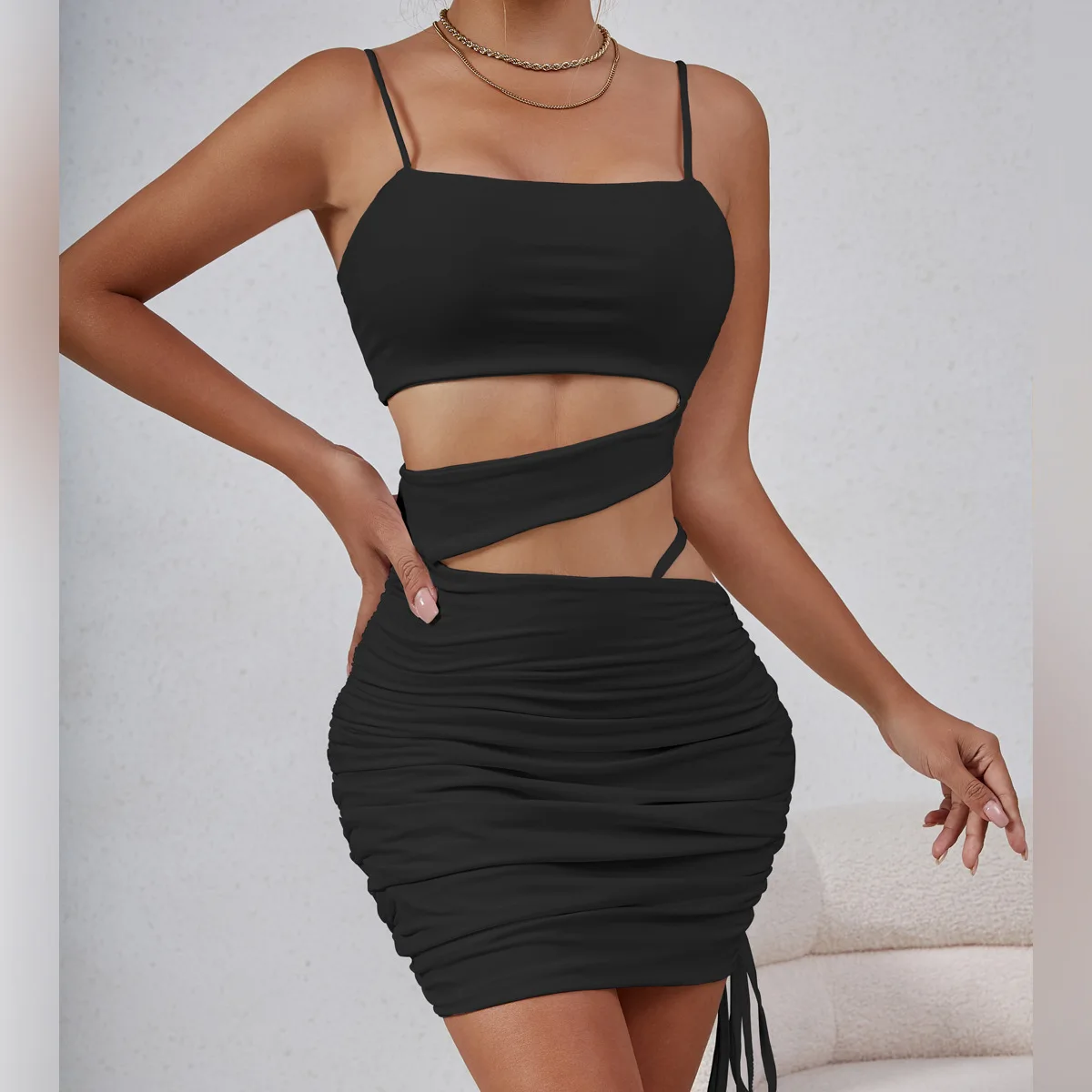 New Summer Women's  Sexy Strap Hollow Pleated Dress2024