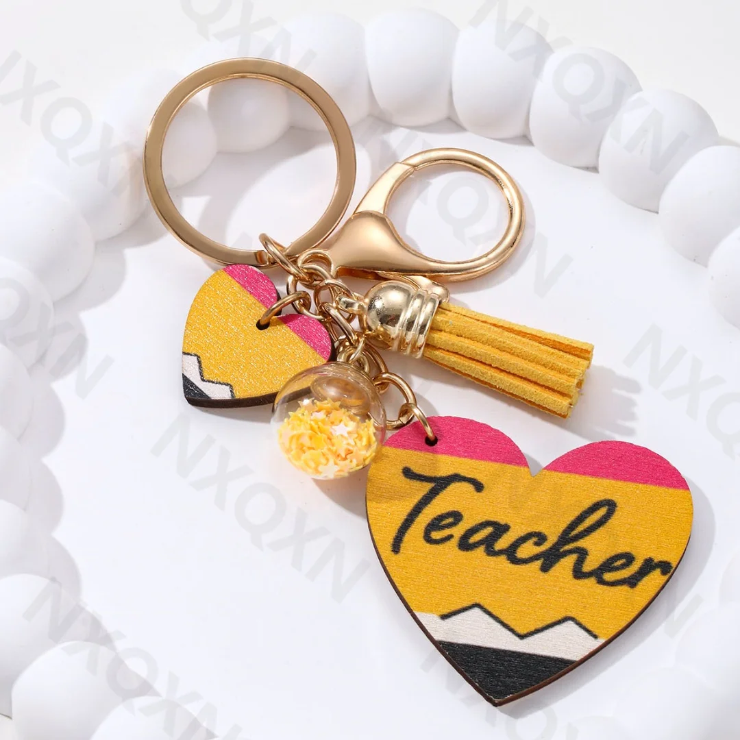 Cute Blackborad Pencil Heart Wooden Keychain Rainbow Apple Pendants Key Ring For Teachers Gift On Teacher\'s Day Handmade Jewelry