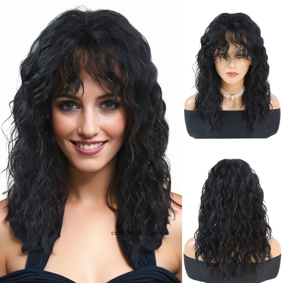 

Synthetic Natural Black Wig Long Curly Hair for Women Daily Use Layered Wig with Bangs Cancer Patient Gift Outfits Costume Wig