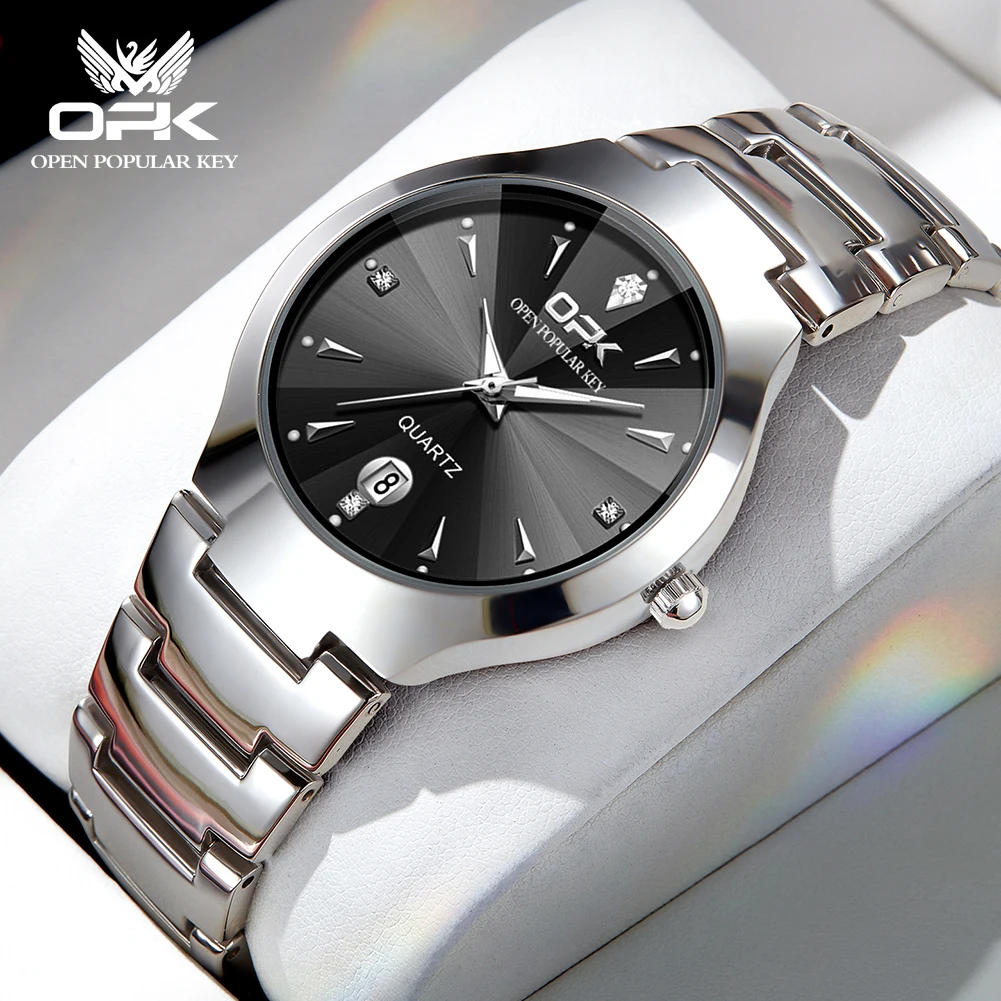 ساعة OPK 8105 للرجال بتصميم ماسي مقاومة للماء كوارتز للتاريخ للرجال بحزام من الفولاذ المقاوم للصدأ ساعة أصلية