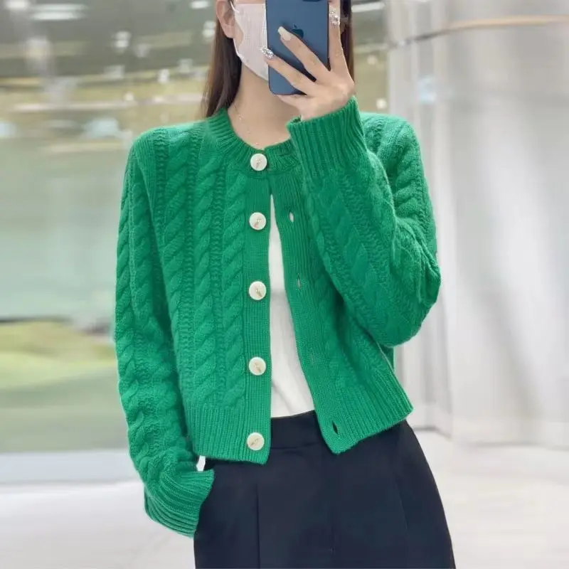 Women\'s Clothing Flattering Round Neck Solid Sweater Knitted Button Long Sleeve Cardigan Coats Autumn Winter Preppy Style Tops