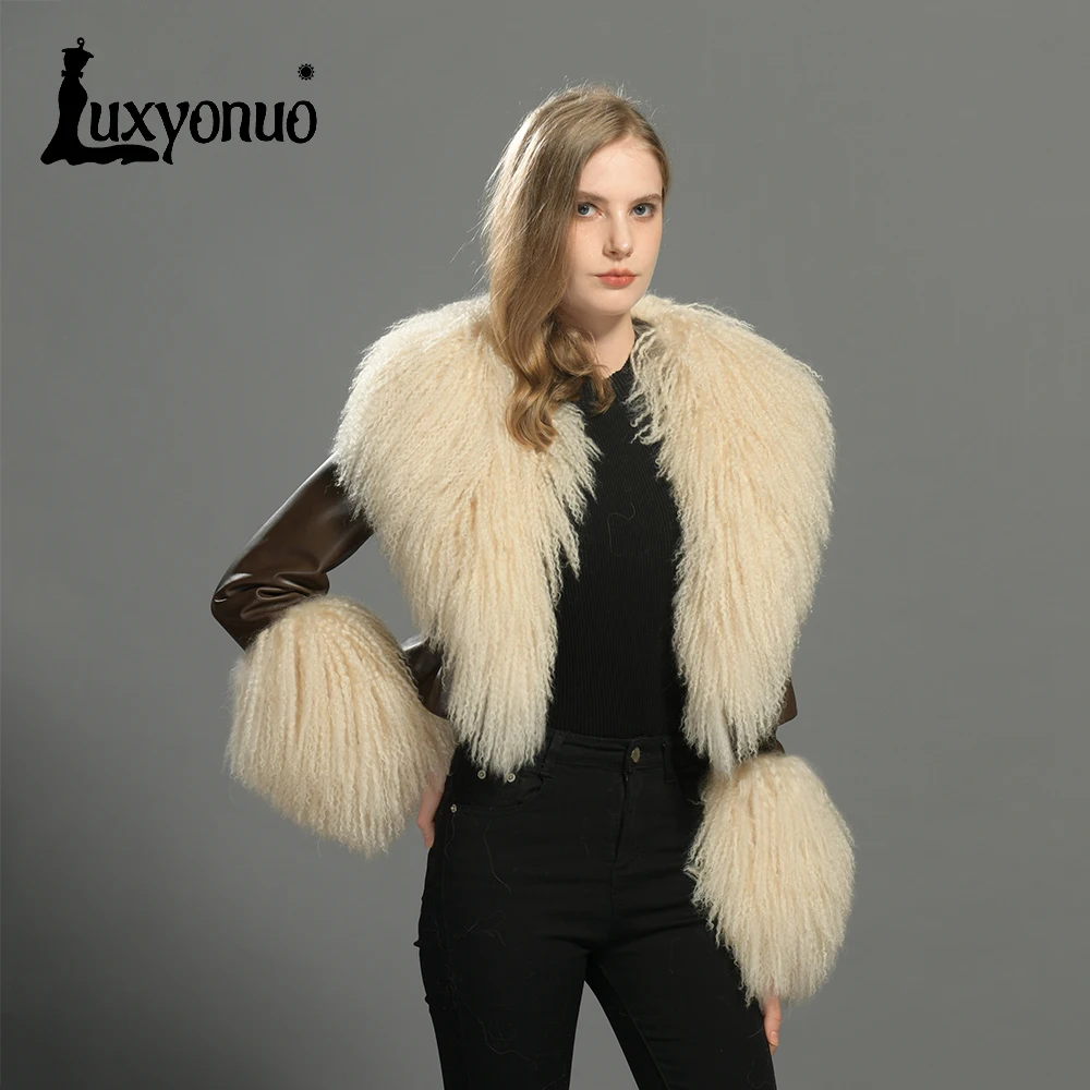 Luxyonuo Dames Echte Leren Jas Herfst Luxe Grote Mongoolse Bontkraag Schapenvacht Jassen Dames Winter Mode Cropped Jas