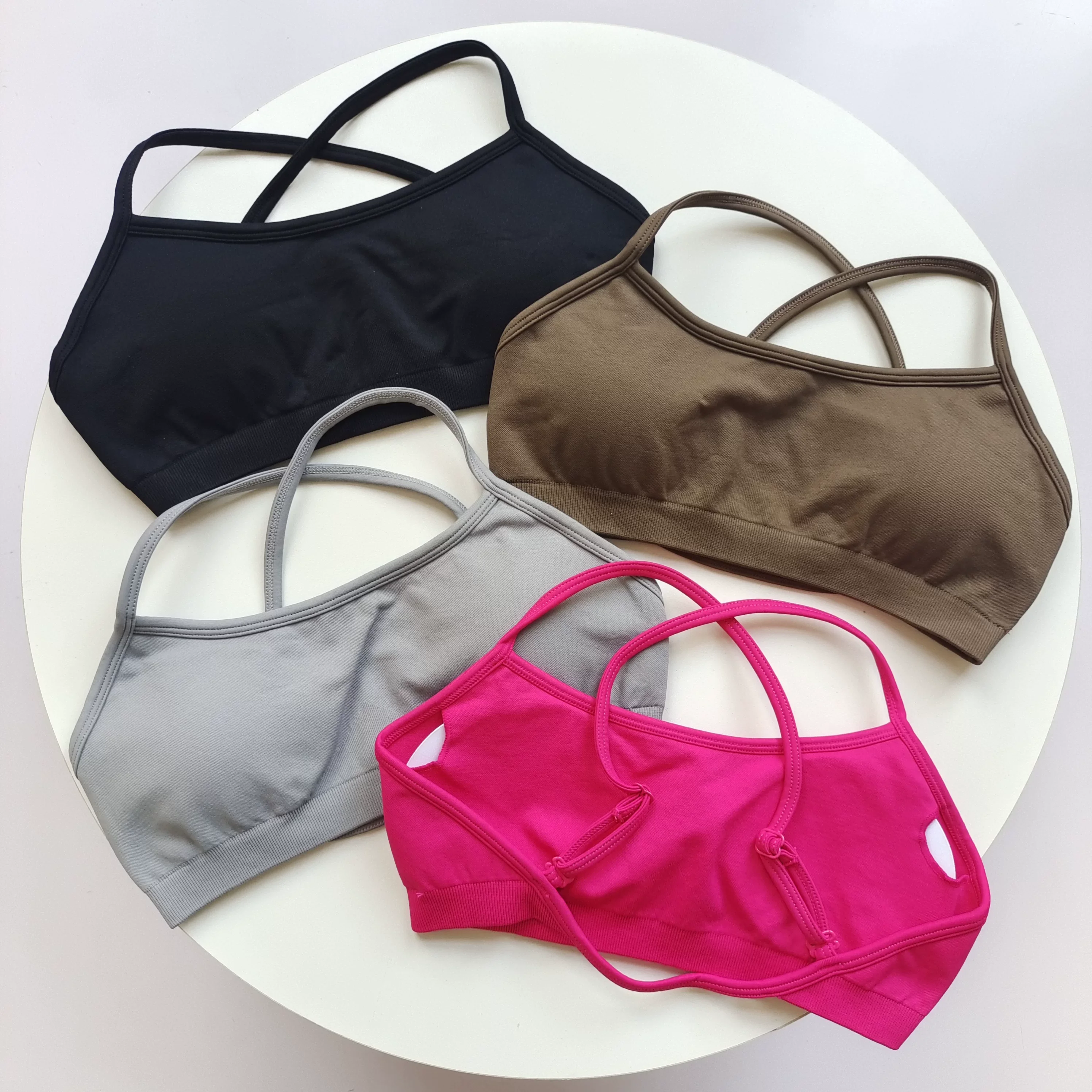 Women's Halter Crisscross Strappy Back Sports Bra Adjustable Spaghetti Straps Stretchy Knit Cropped for Yoga Gym