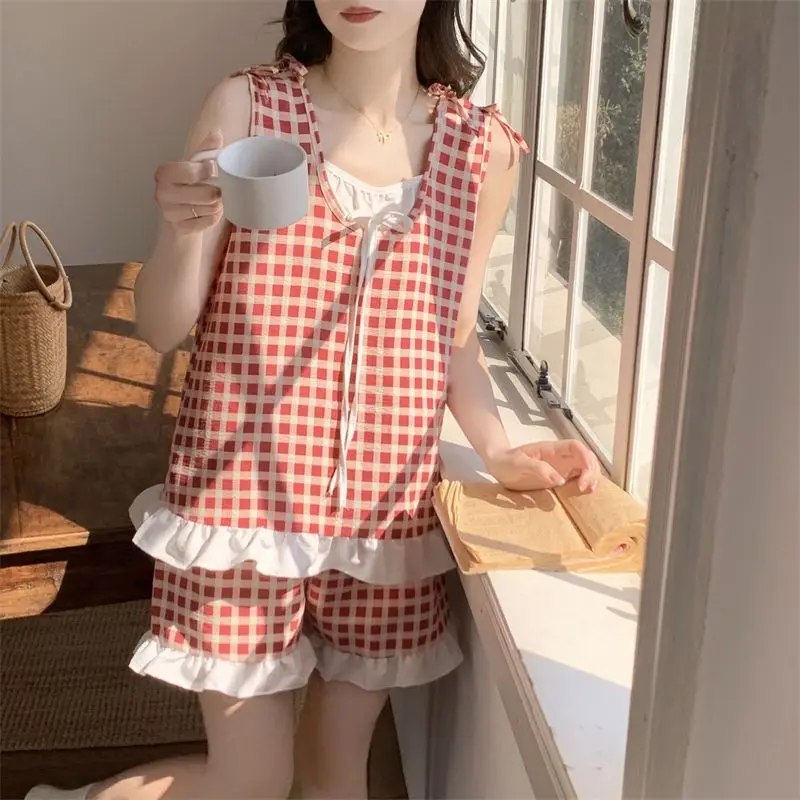 

2PCS/Set Cute Pajamas Red Plaid Plus Size Sleeveless Pajama Shorts Easy Wash Stylish Pullover Tops Shorts Romantic Women Nightw