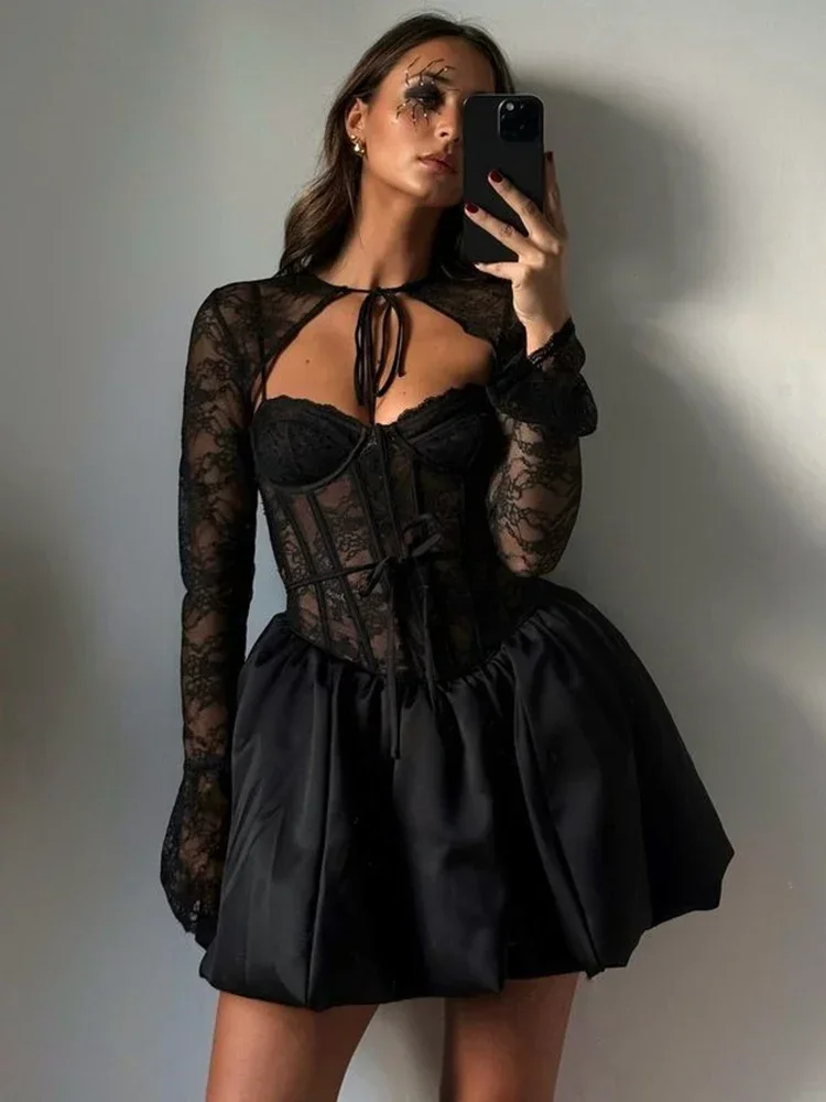 Black Lace Puffball Sexy Mini Dress For Women Fashion Lace-up Sheer Long Flare Sleeve High Waist Club Party Dress
