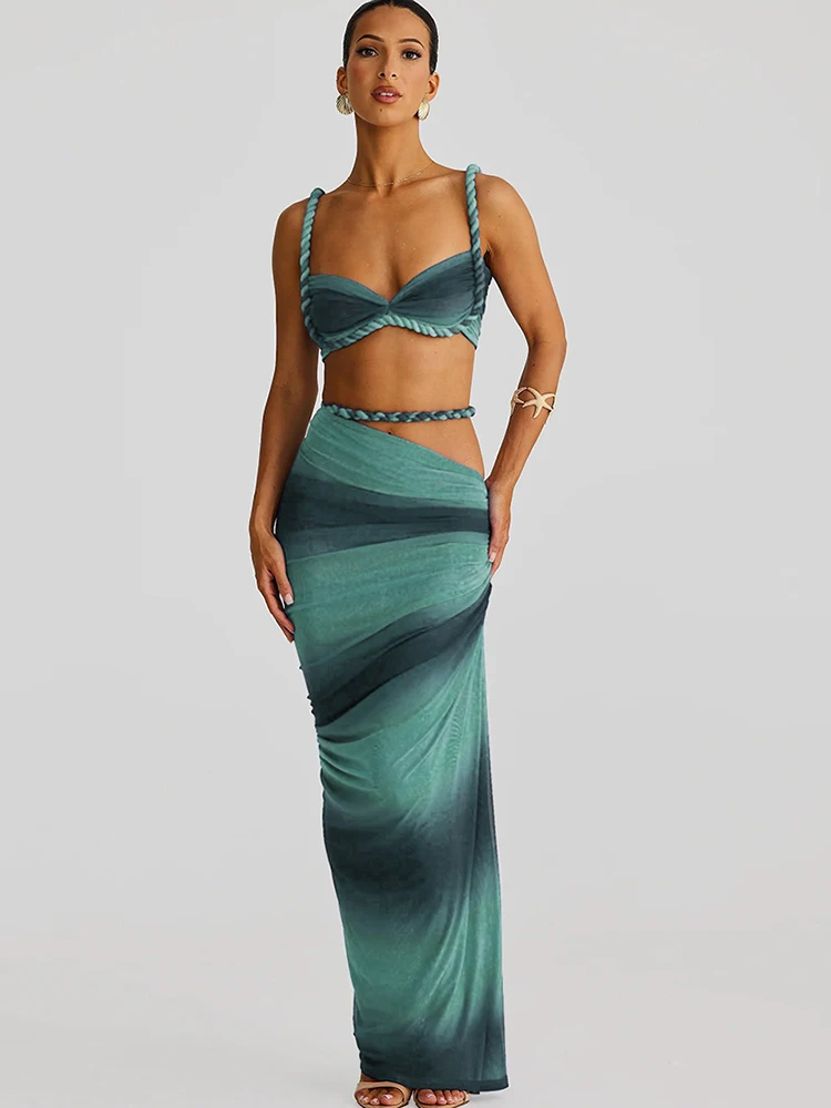 Conjunto de 2 peças para festa de praia, conjunto de bandagem com gola quadrada em ruched, sutiã + skinny, saias longas, 2025, trajes de tendência de férias de verão