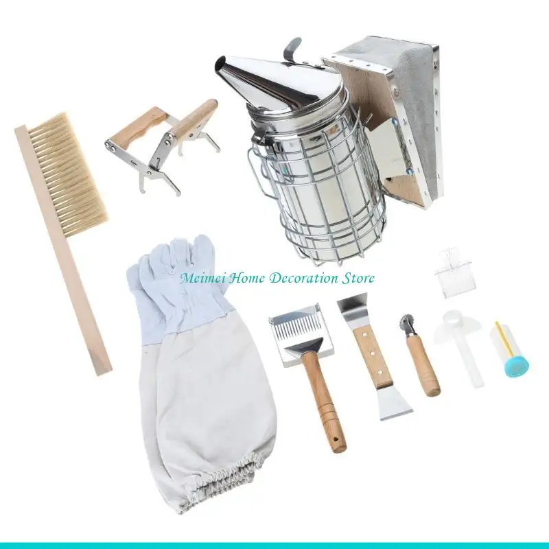 H7BF 1 Set Beekeeping Supplies Tools Stainless Steel Smoker Brush Gloves Scraper Honey Knife Clip Accessories for