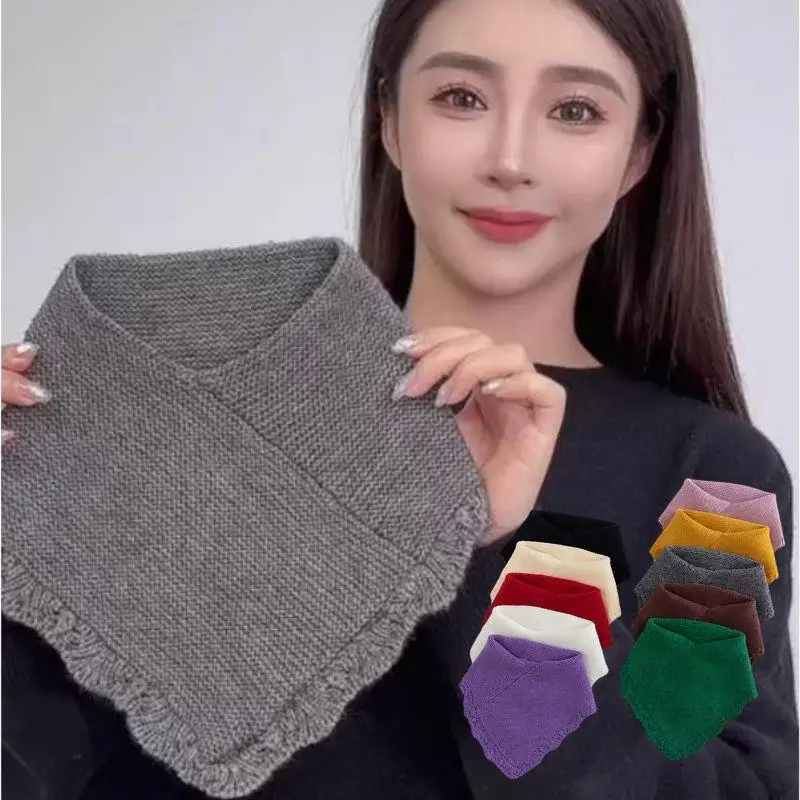 

Женский зимний вязаный кружевной шарф с искусственным воротником, уличная теплая водолазка, теплый съемный ветрозащитный треугольный шарф 29*26 см