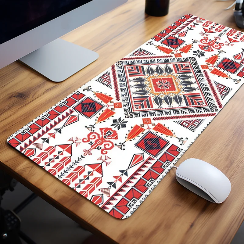 Red Boho Geometric Design Mouse Pad Stylish Ethnic Art Gaming Large Desk Pad Computer Keyboard Mousepad with Non-Slip Rubber