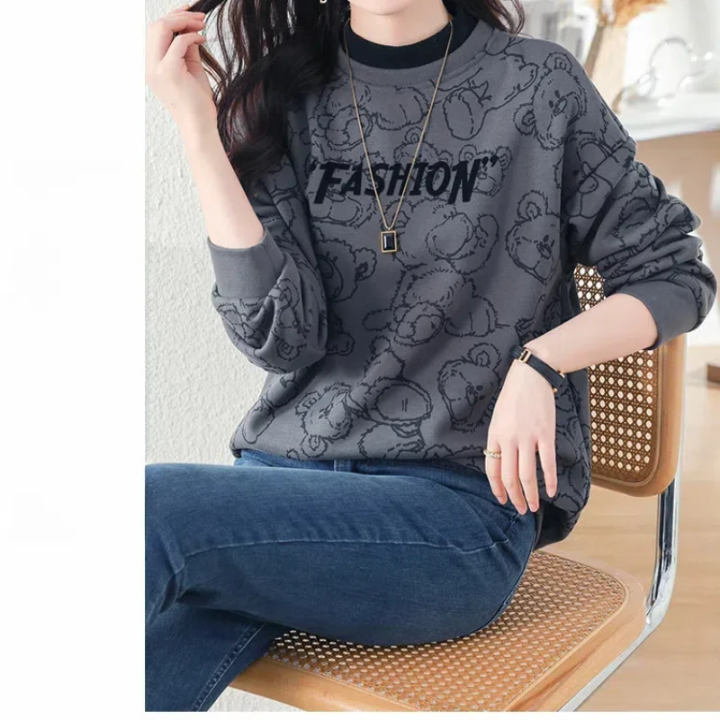 Women\'s Clothing Pullover Round Neck Letter Cartoon Patchwork Lantern Long Sleeve Hoodies Casual High Street Preppy Style Tops