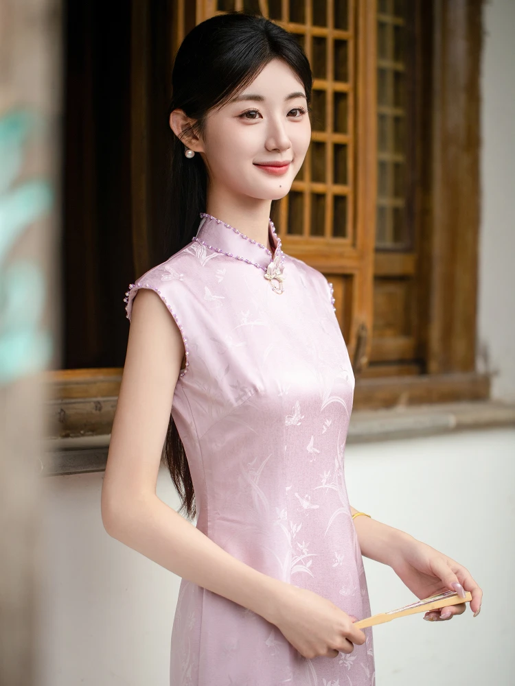 

Новое китайское шелковое ципао без рукавов для женщин, фиолетовое, дышащее, длинное, с высоким разрезом, для весны и лета, свадебное платье