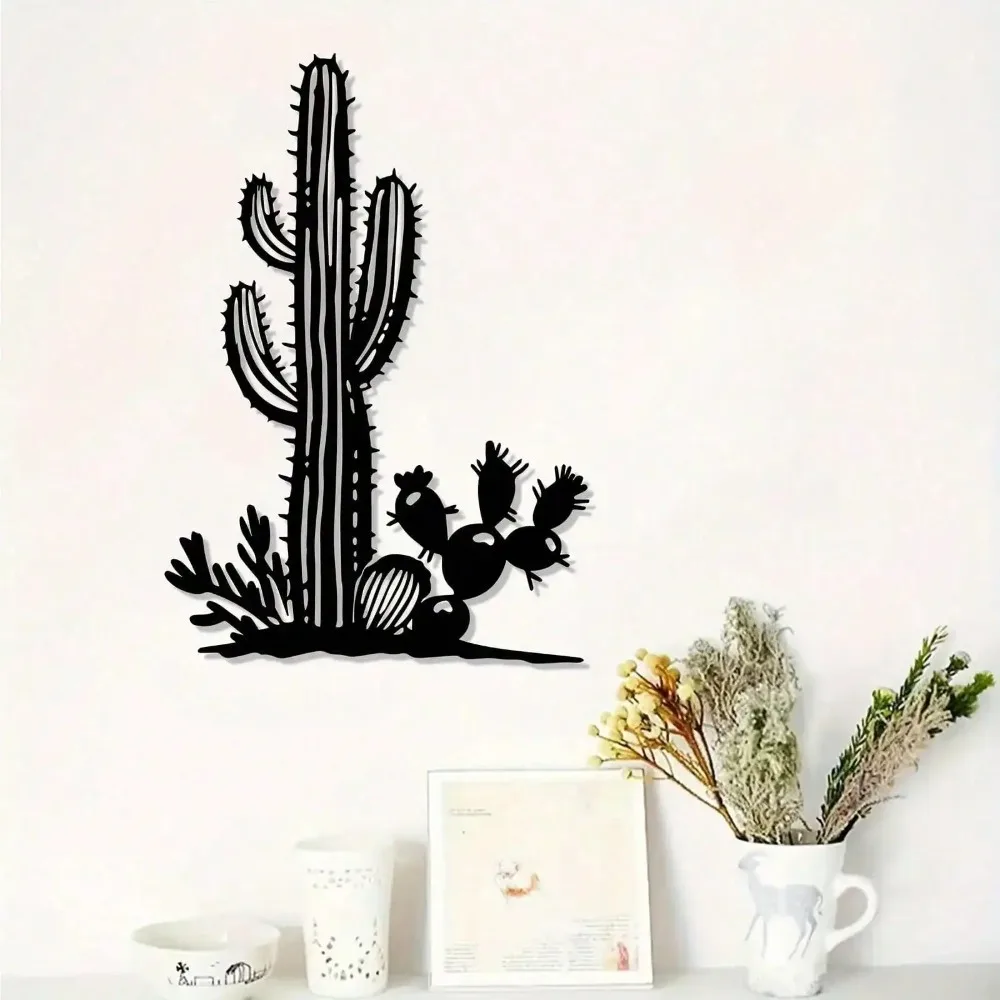 Modern Black Metal Cactus Wall Art, Durable Iron Retro Desert Decor with Easy Hang for Living Room Office