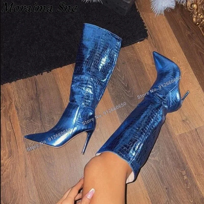 

Moraima Snc Blue Patent Leather Stone Print Boots for Women Pointed Toe Knee High Boots Thin High Heels Runway Zapatillas Mujer