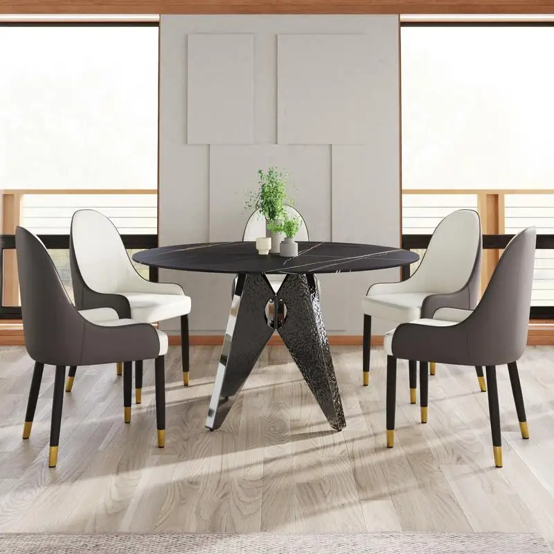 

53 Inch Round Marble Dining Table with Silver Stainless Steel Base, Artificial Marble for 6 People, Ideal for Dining Room