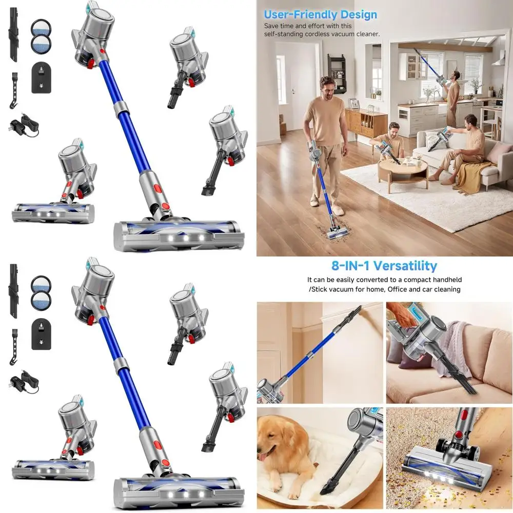 8-in-1 Lightweight 40Kpa 55Min Vacuum Cleaner, Anti-Brush, Wall Mount, Rechargeable for Home, Floor, Sofa, Pet Hair, Blue