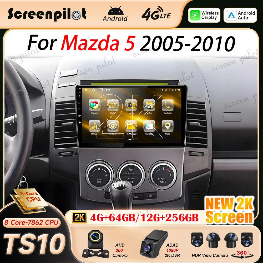 9 Inch Android 16 Car Radio Stereo For Mazda 5 2005 2006 2007 2008-2010 2K QLED Multimidia Player GPS Carplay Android Auto 8Core