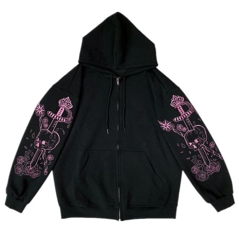 Korean Version 2024 New Streetwear Zipper Sleeve Pink Print Hoodies Shopping Casual Solid Black Color Soft And Warm Simple Y2K