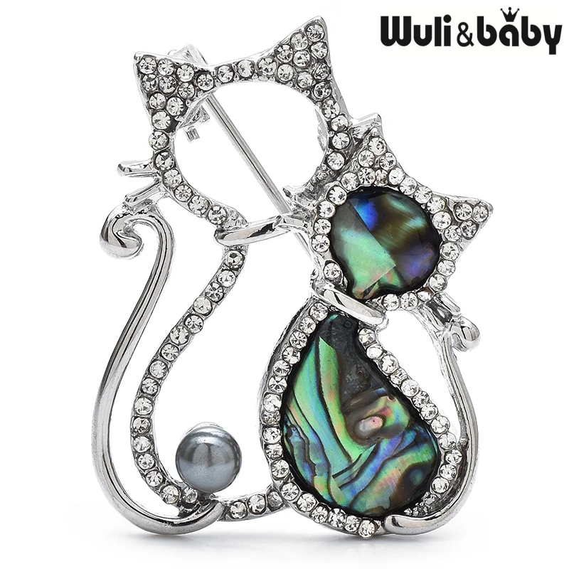 Wuli&baby Abalone Shell Crystal Couple Cat Brooches Grey Pearl Cute Animal Pins For Jewelry Gift