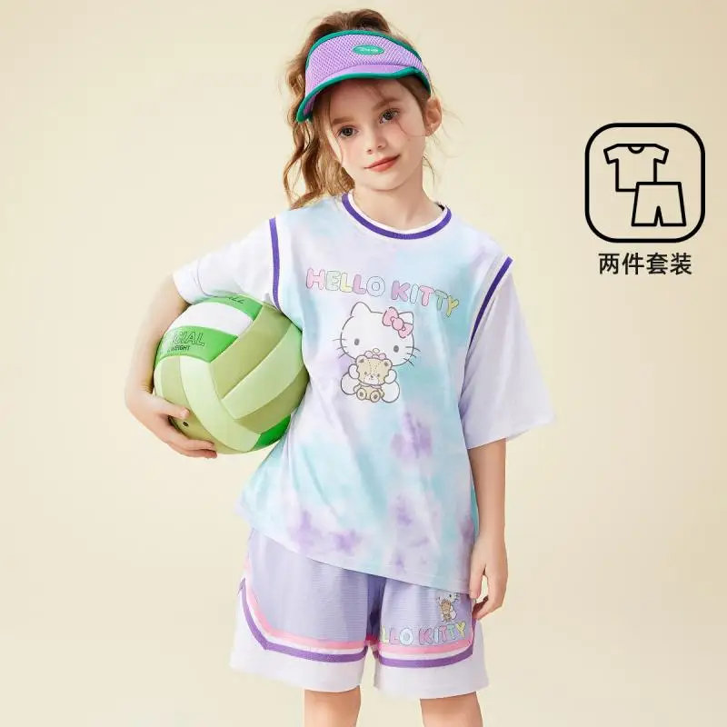 

Kawaii New Sanrio Hello Kitty Children's Short Sleeve Shorts Set Cute Sports Style Fashionable T-Shirt Two-Piece Set