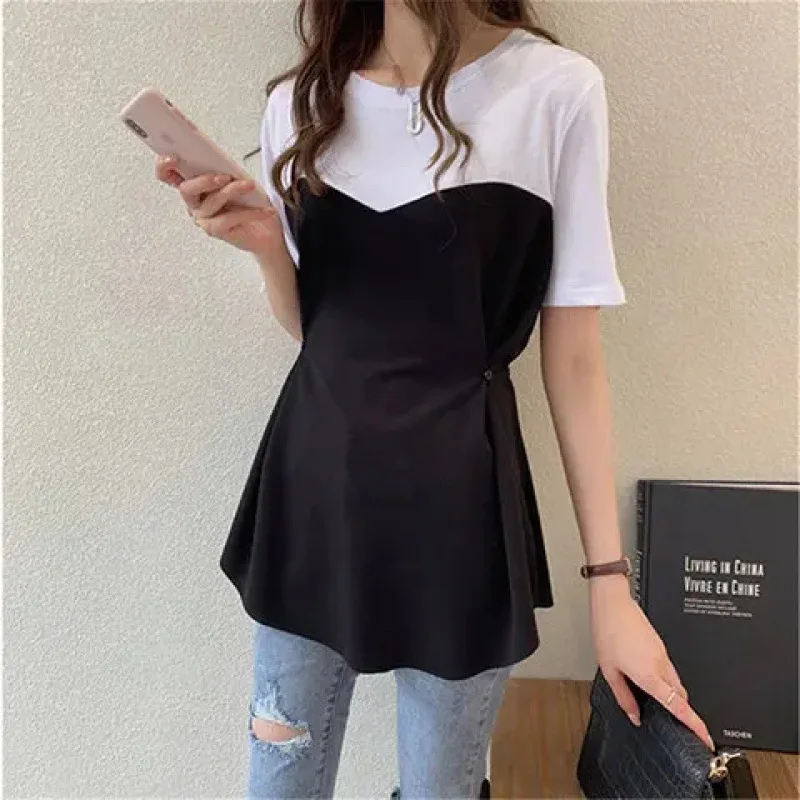 2024 Summer New Commuter Versatile Fashion Solid Color Trendy Pleated Simplicity Casual Versatile Round Neck Pullover T-shirt