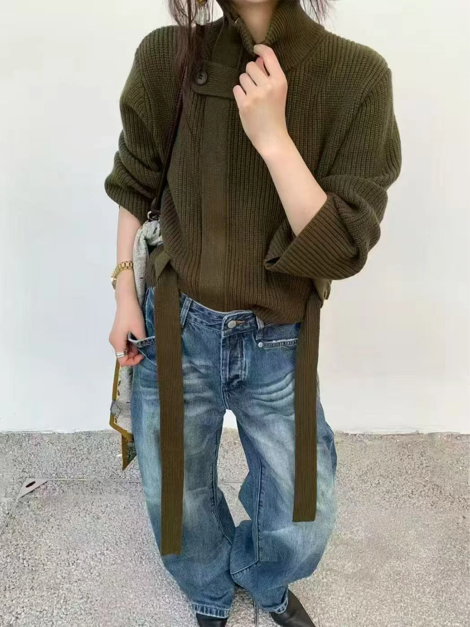 

Thiened Woolen Zipper Sweater Cardigan Long Sve Stand Collar Women's Regular Length Outerwear for Autumn Season