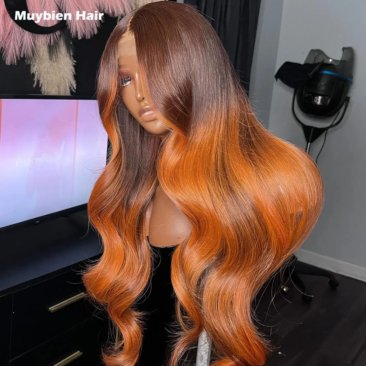 Highlights Ombre Orange Body Wave Human Hair 5x5 HD Lace Closure Wig Glueless Wear and Go 13x6 HD Lace Front Wear Pre-plucked