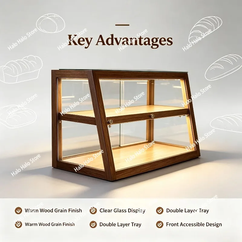 Solid Wood Glass Bakery Display Cabinet, Small Front Desk Bar Counter Showcase for Cake Coffee Shop Pastry Dessert Bread