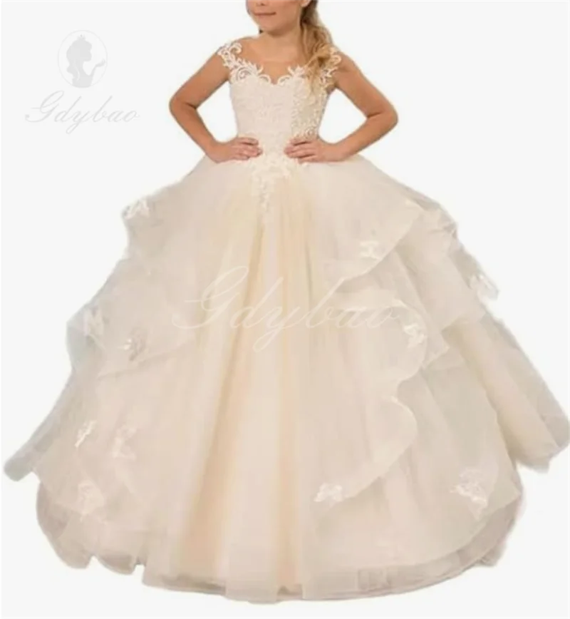 

Tulle Puffy Flower Girl Dress For Wedding Ruffles Pageant Princess Dresses Lace Appliques First Communion Dress Ball Gowns