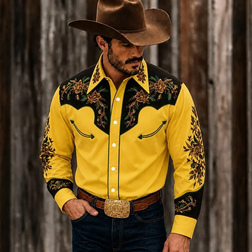 Men Long Sleeve Western Shirt Retro Floral Embroidery Style Print Button Down Shirt