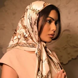 90*90cm Women's Luxury Hijab Printed Beige Silk Elegant Headscarf Bohemian Style Hairscarf for Every Season Valentine's Day Gift