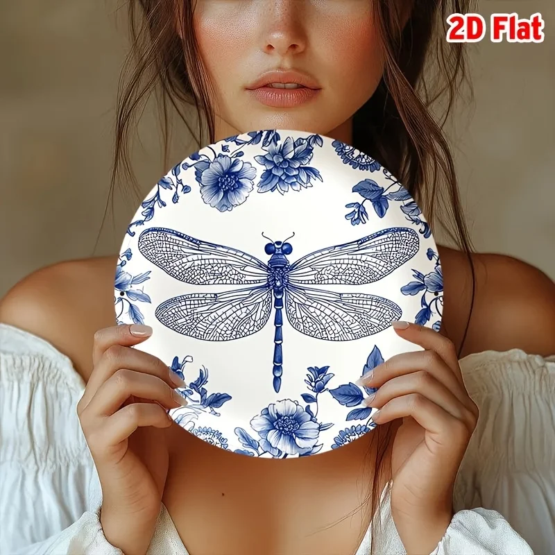 2D Flat, [2D Flat] 1pc Round Room Decor Blue and White Porcelain Dragonfly Plate Design Aluminum Sign - 8x8inch Floral Wreath Me view 4