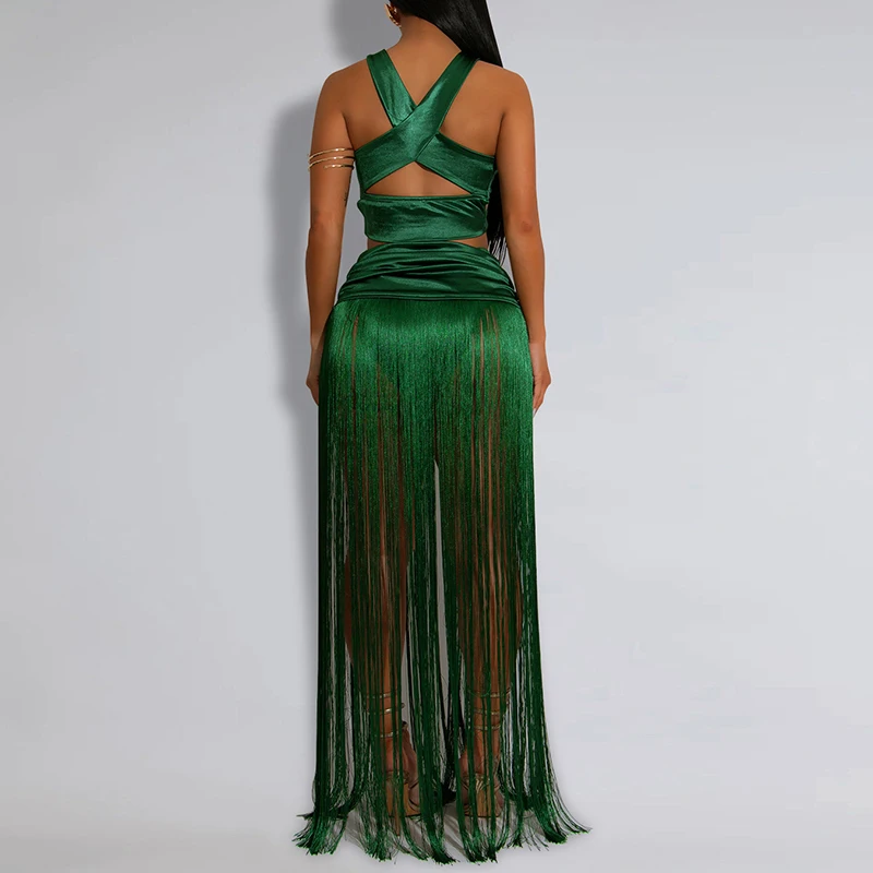 Women Elegant Tassel Hollow Out Solid 2 Piece Suits Casual Sleeveless Bathing Party Sets Sexy Crop Tops And Long Skirts Outfits