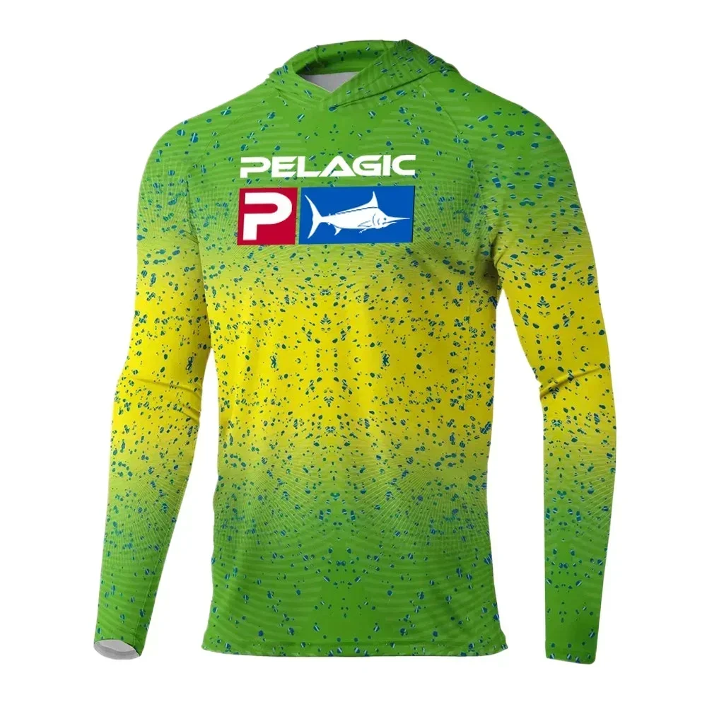 Roupa de pesca pelágica masculina, camiseta com capuz, camisa de pesca respirável, proteção solar, verão, upf 50 plus