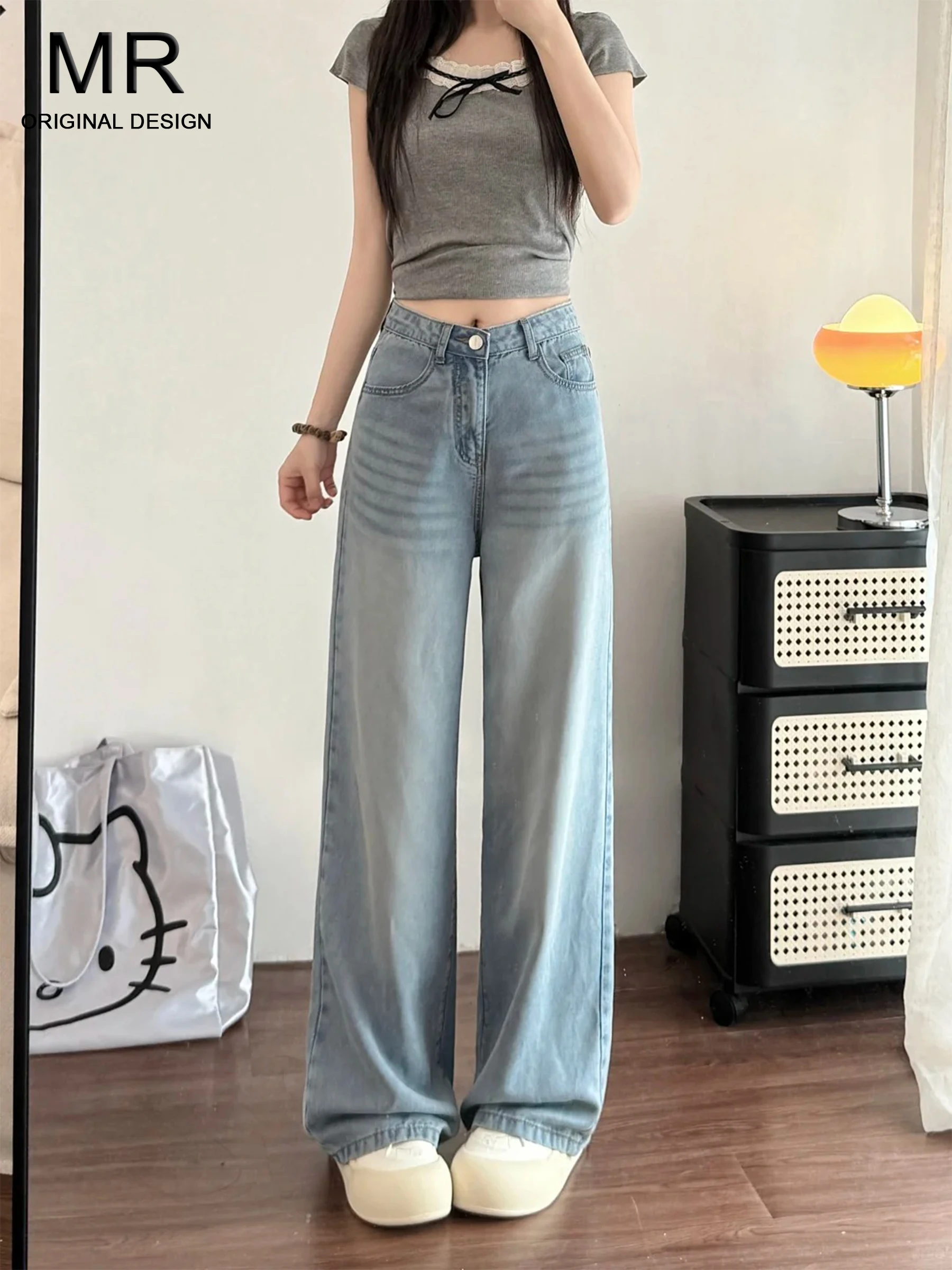 

High Waist Wide Leg Denim Pants Women's Floor Length Zipper Design Spring Summer Casual Loose Fit Light Color