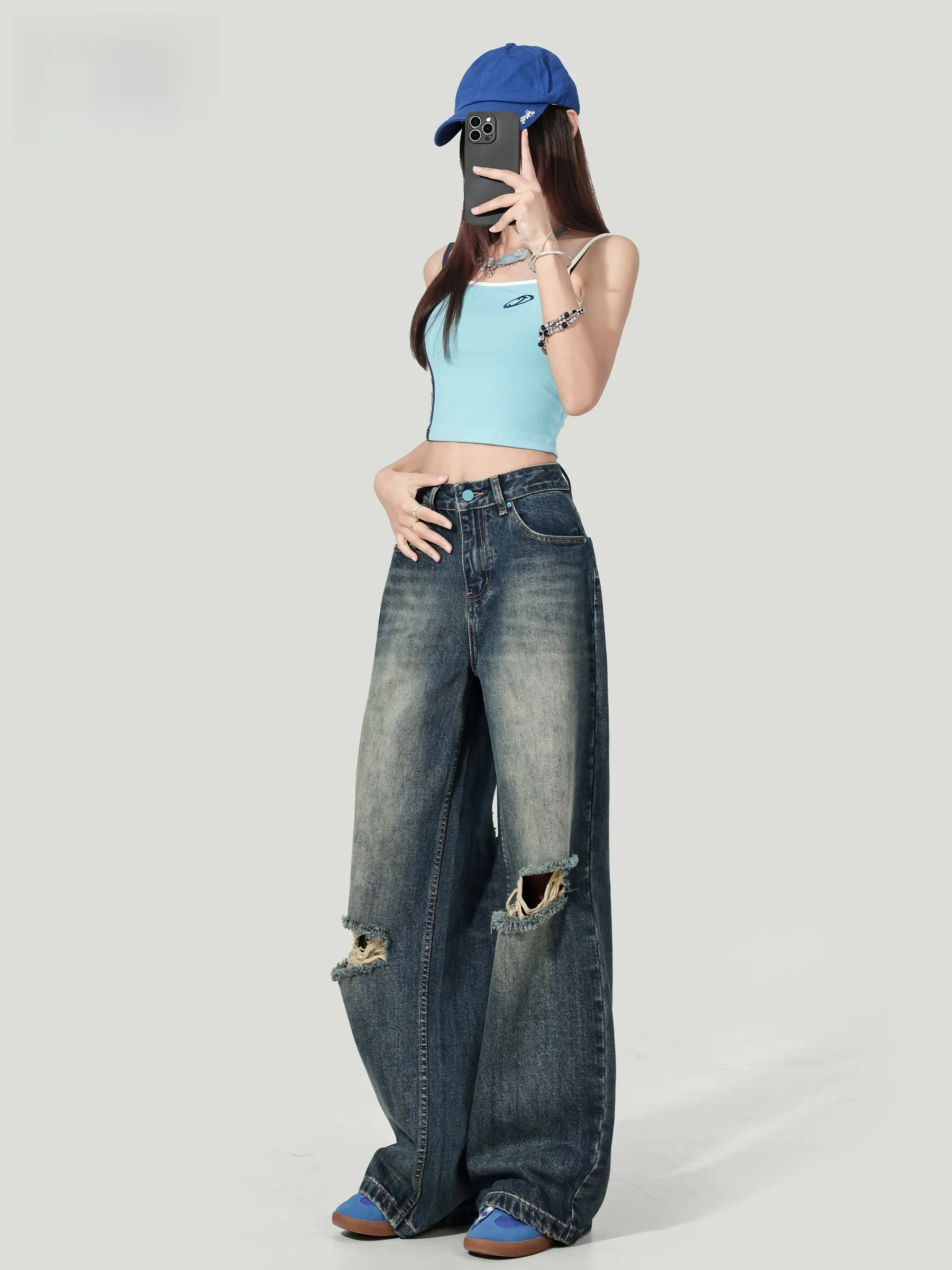 

American Style High Waist Wide Leg Jeans Women Loose Slimming Design Hole Ground Pants Spring 2026 New Loose Fit Deep Color
