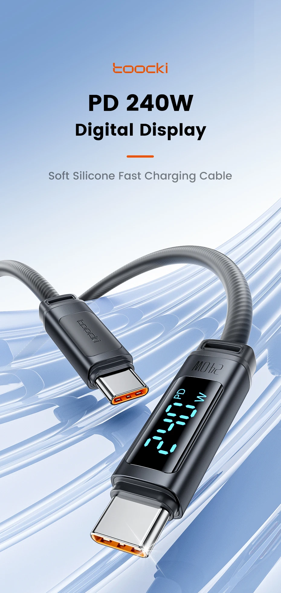 Toocki 240W USB-C-Kabel Typ C Schnellladung PD 3.1 Digitales Display USB-C Silikon-Datenkabel für iPhone16 17 Xiaomi OPPO Macbook – Detail 1