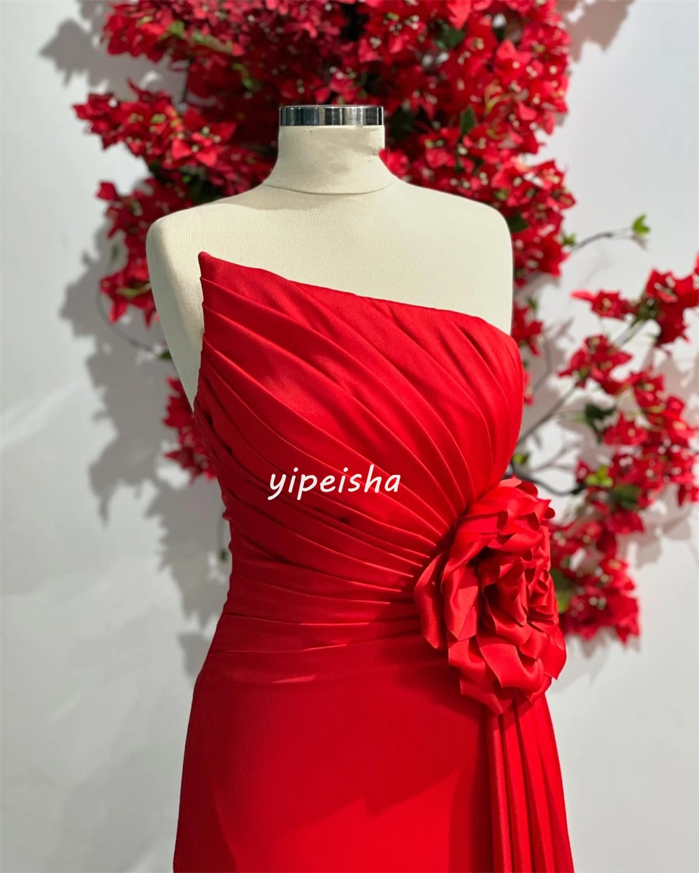 Customized Pastrol Jersey Flower Ruched A-line Strapless Long Dresses Evening Dresses Unisex Chinese Style Formal Casual Simple