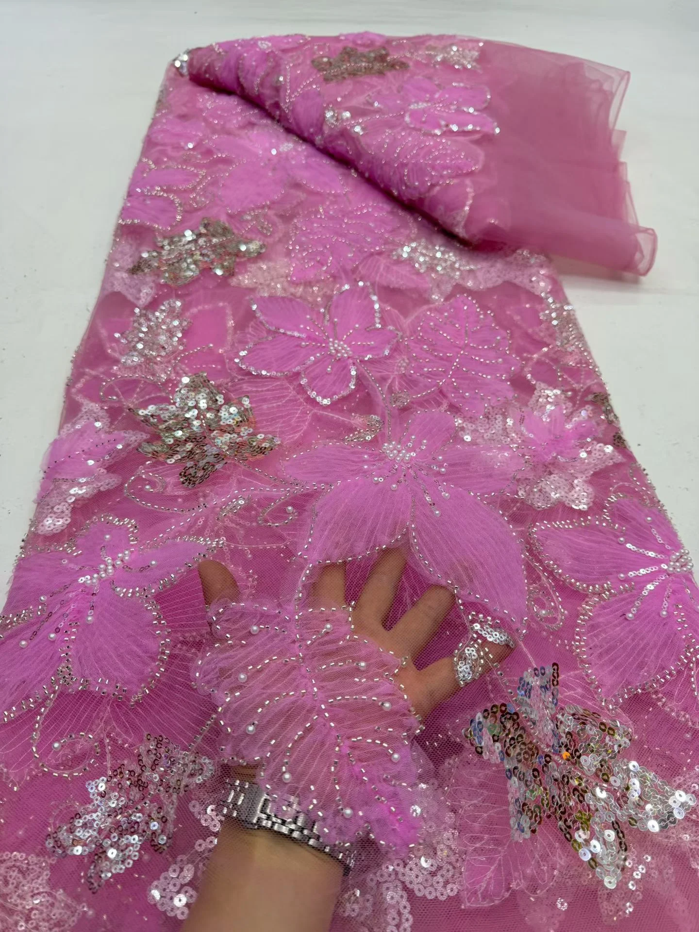 

2026 High Quality Embroidery African Nigerian With Sequins Tulle Lace Fabric Sewing Net Cloth Prom Dresses Beads 5Yards DP0523